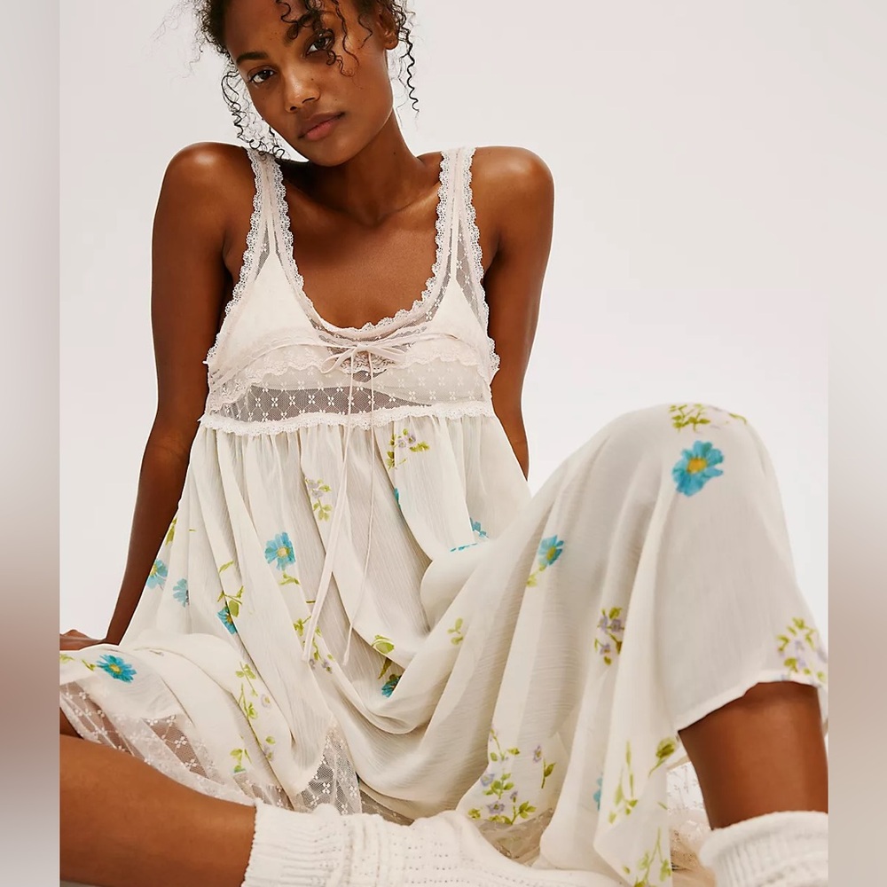 NWT FREE PEOPLE Making Moves Midi Dress Large Tea Combo Floral Lace Boho